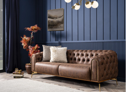 Chesterfield four-seater sofa, 4-seater, seat polyester, brown faux leather